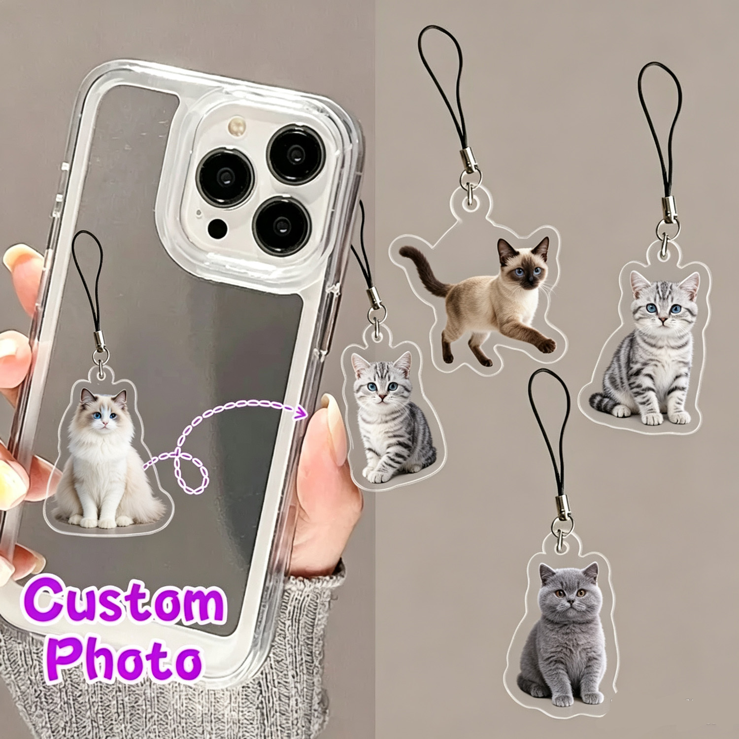 Pet Portrait Custom - Gantungan ponsel bergambar hewan peliharaan sesuai