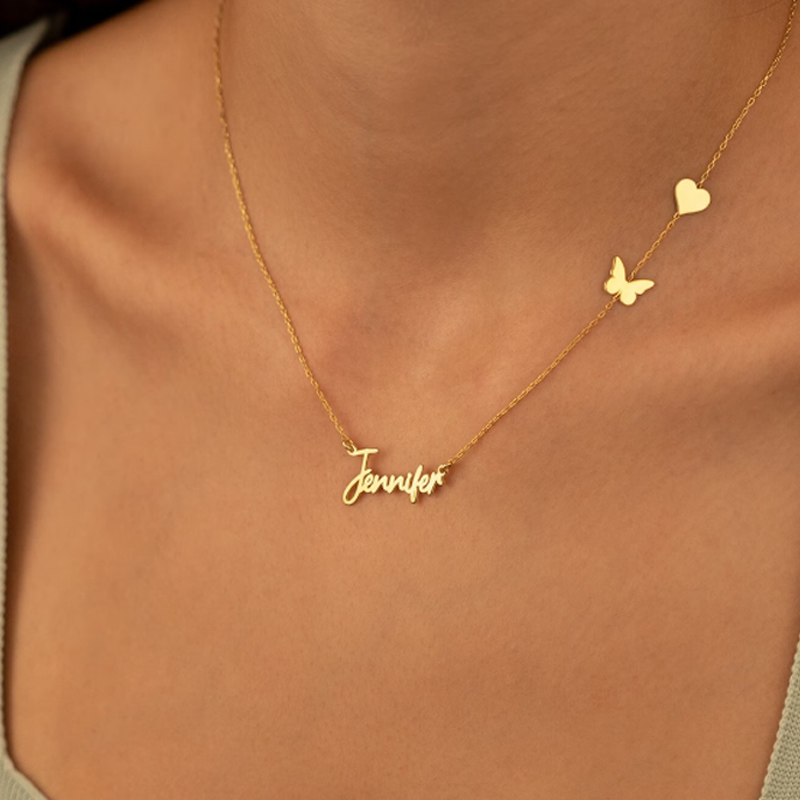 Birth Flower Necklace - Kalung kupu-kupu kustom bentuk hati, perhiasan